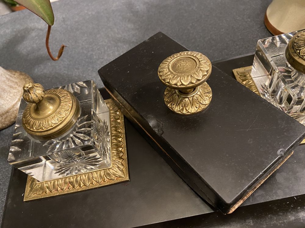 Zestaw na biurko garnitur Atr Deco granit+mosiądz +szkło kryształowe