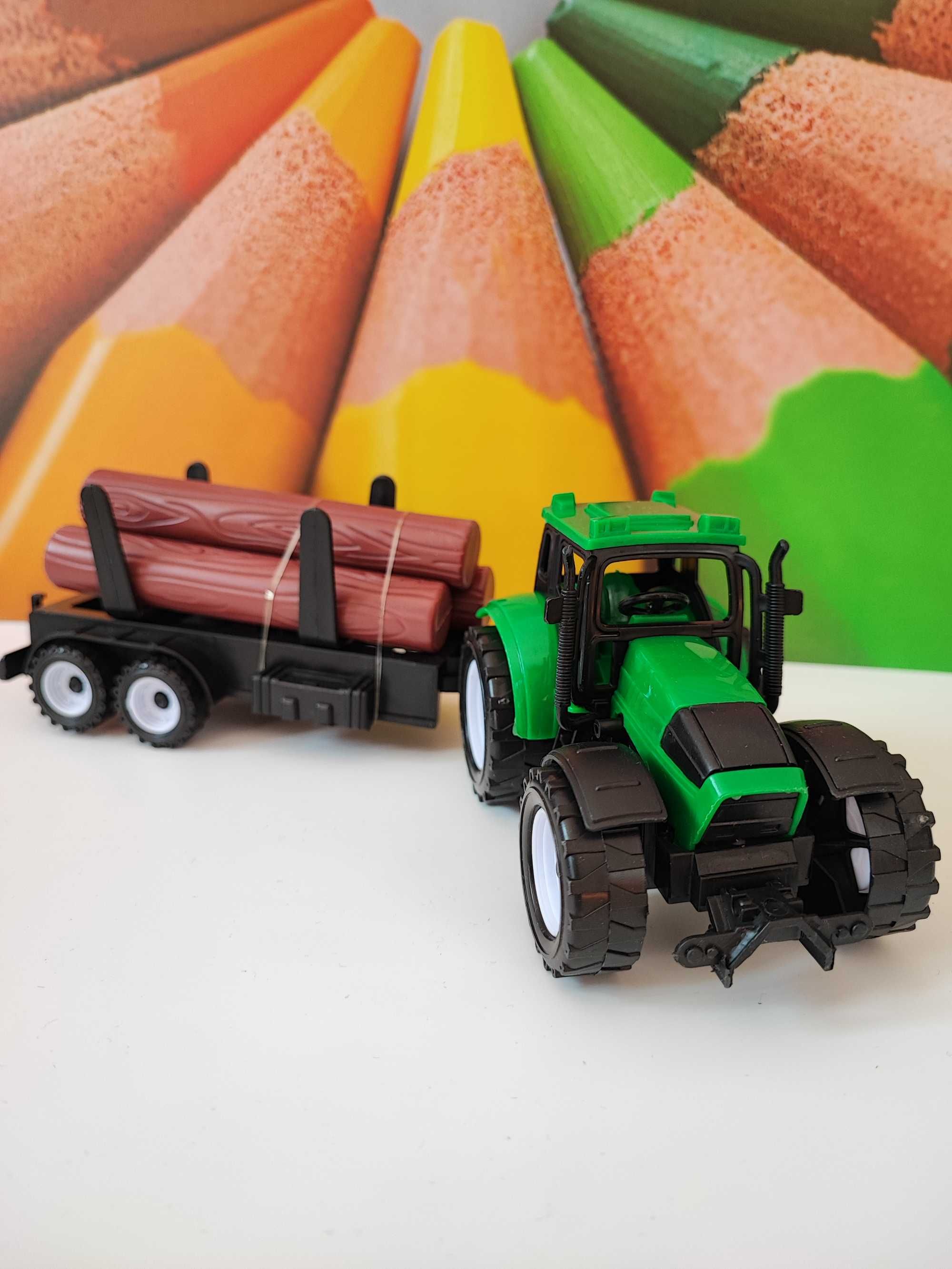 Zielony traktor przyczepa z drewnem nowa zabawka dla dziecka