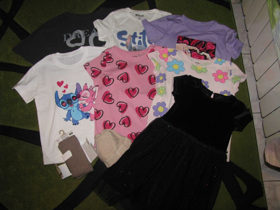 ciuszki rozm 134/140 dziewczynka, koszulki, sukienka, nowe rajstopki