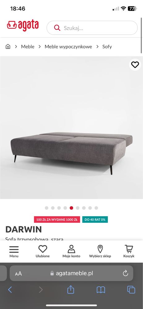 Nowa-uszkodzona w transporcie DARWIN Sofa tryosobowa, szara