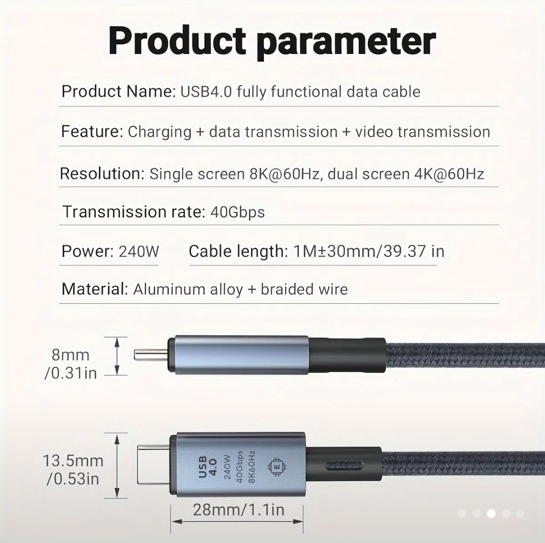Кабель ThunderBolt 3, USB 4.0 / 240W / 8k 60hz. Type-C to Type-C