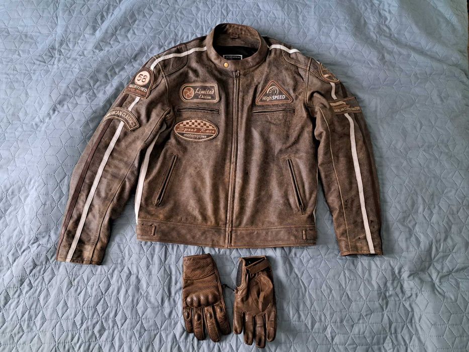 Kurtka Motocyklowa Skóra + Rękawice Skórzane Retro Ochraniacze