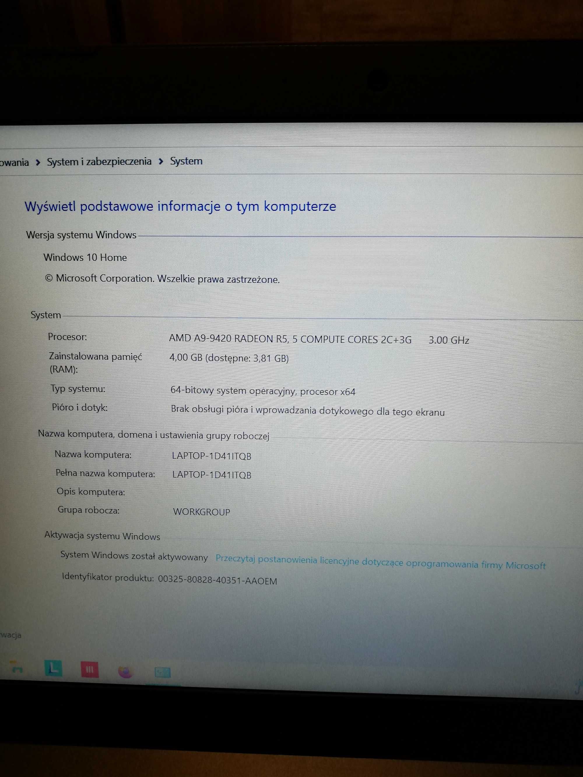 Sprzedam laptop LENOVO Ideapad 320-15AST A9-9420 4GB 1 TB Win 10