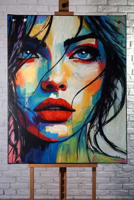 Nowoczesny obraz olejny 80x100 do salonu loft certyfikat portret Stach