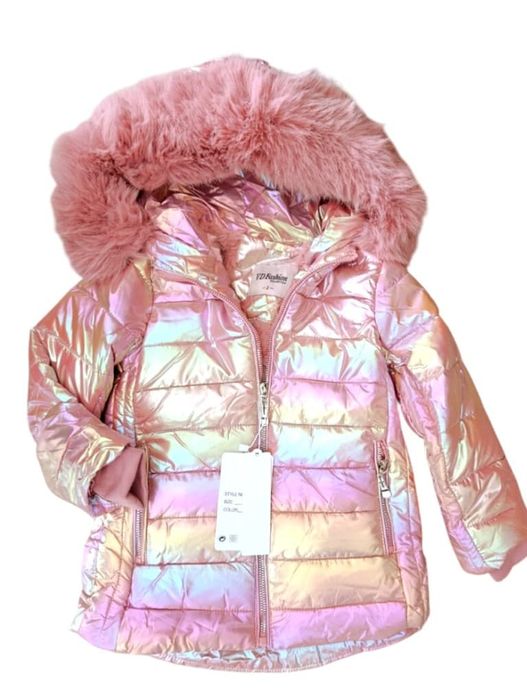 Kurtka zimowa dla dziewczynki z futerkiem błyszcząca ocieplana 116