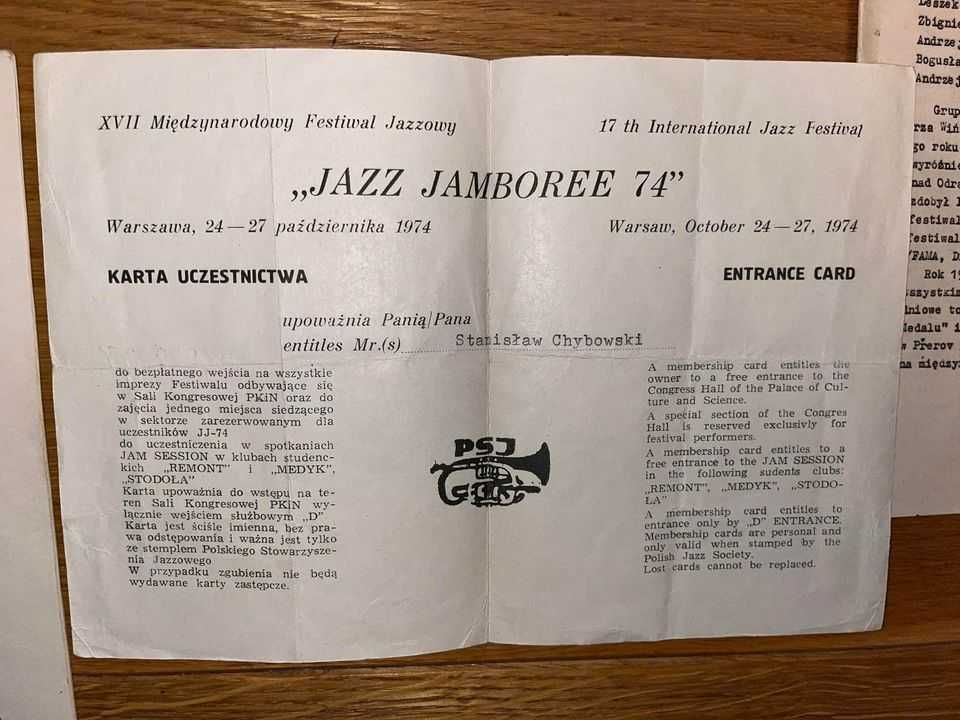 Jazz Jamboree 1974 unikalne dokumenty maszynopis zaproszenie aktor