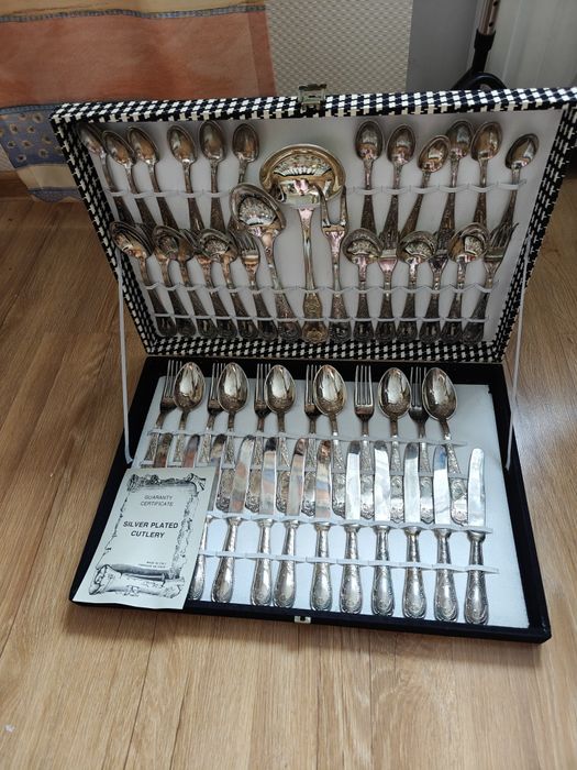 Piękne sztućce retro posrebrzane włoski komplet w walizce srebro antyk