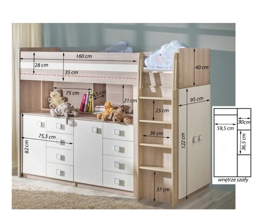 Łóżko antresola pietrowe z szafą I komodami