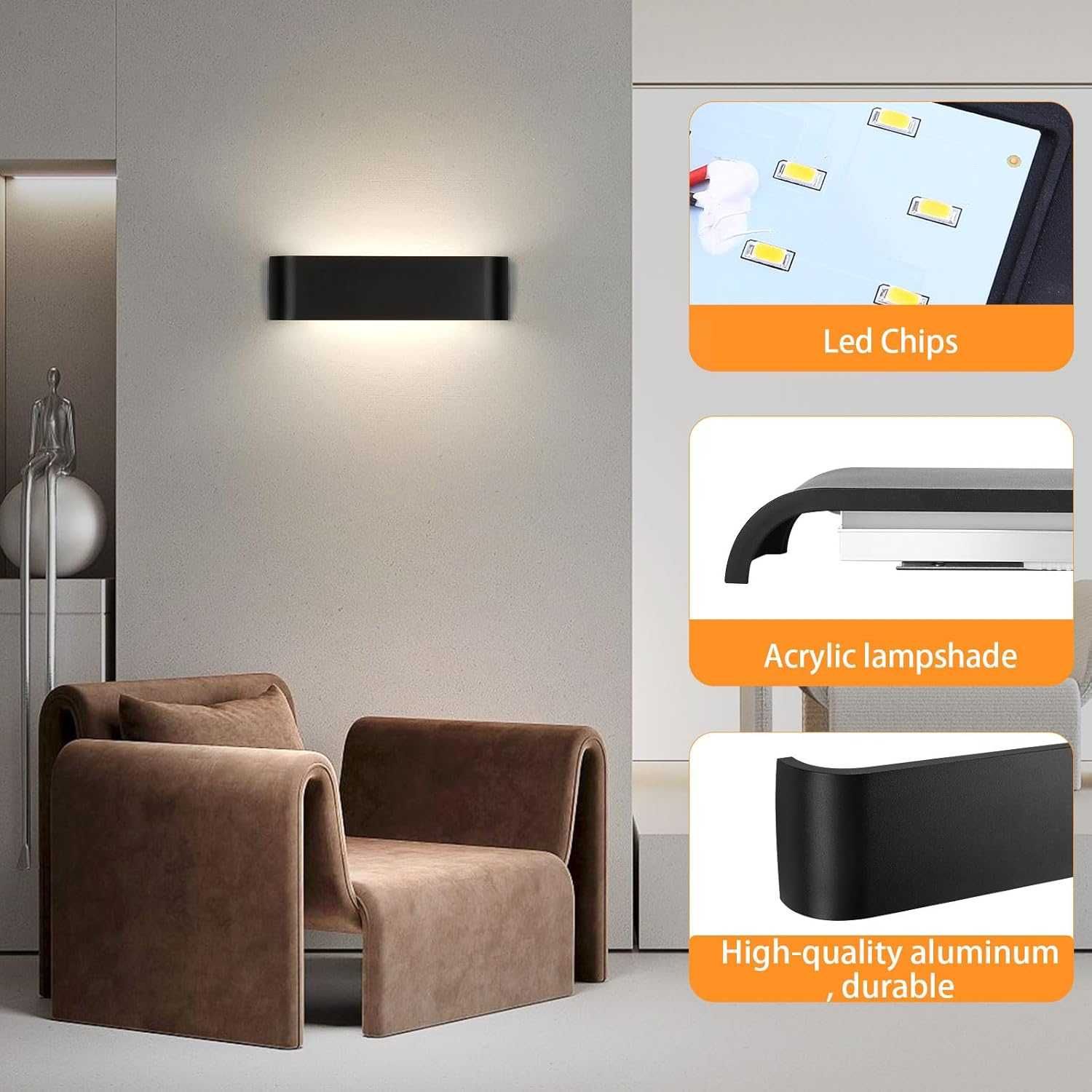 Lightess Lampa ścienna LED, 16 W kinkiet czarny