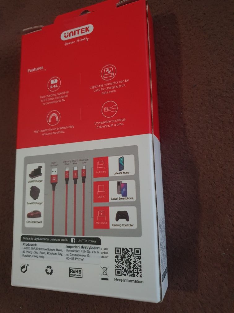 Kabel USB 3w1 Lightning, micro USB, USB-C 1,2m