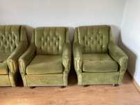 Zestaw wypoczynkowy PRL – sofa + 2 fotele, welur, vintage