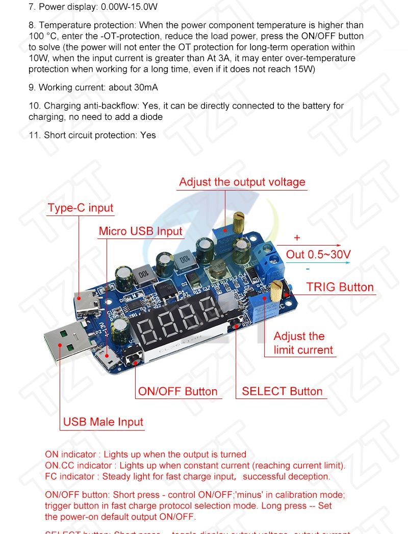 USB Понижающе - повышающий преобразователь ZK-DP2F, триггер QC,15 watt