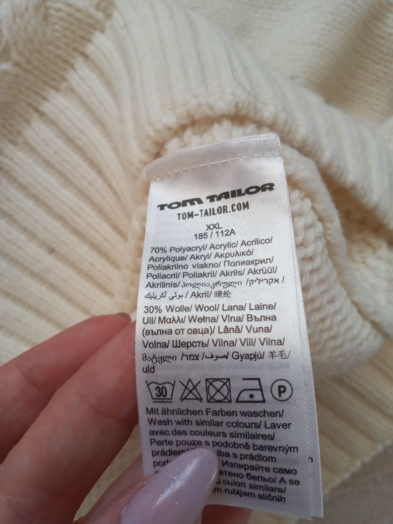 Tom Tailor XXL markowy kremowy sweter z wełną z warkoczami