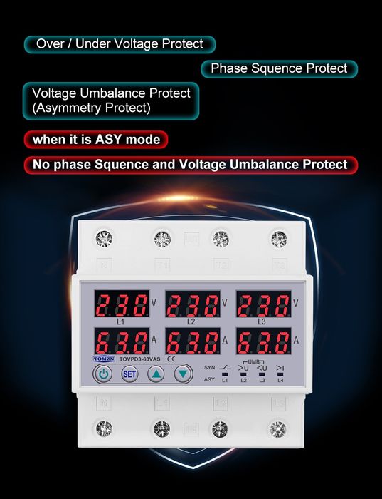 Цифрове  реле напруги 3x фазне TOMZN TOVPD3-63VAS 63А 3Р+N SYN ASYNC