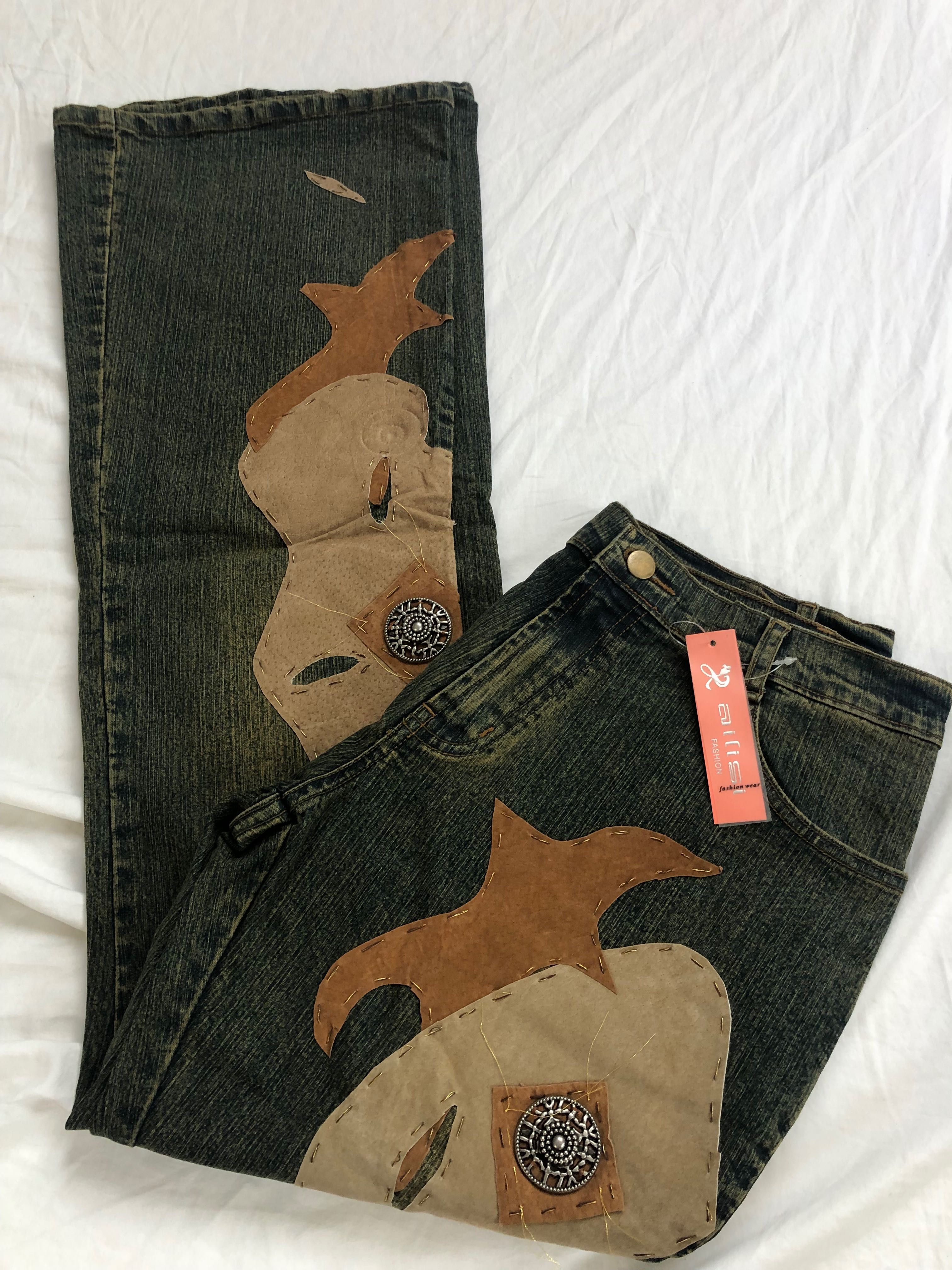 Spodnie dzwony jeansy denim y2k 2000s boho vibe ekoskóra L 33