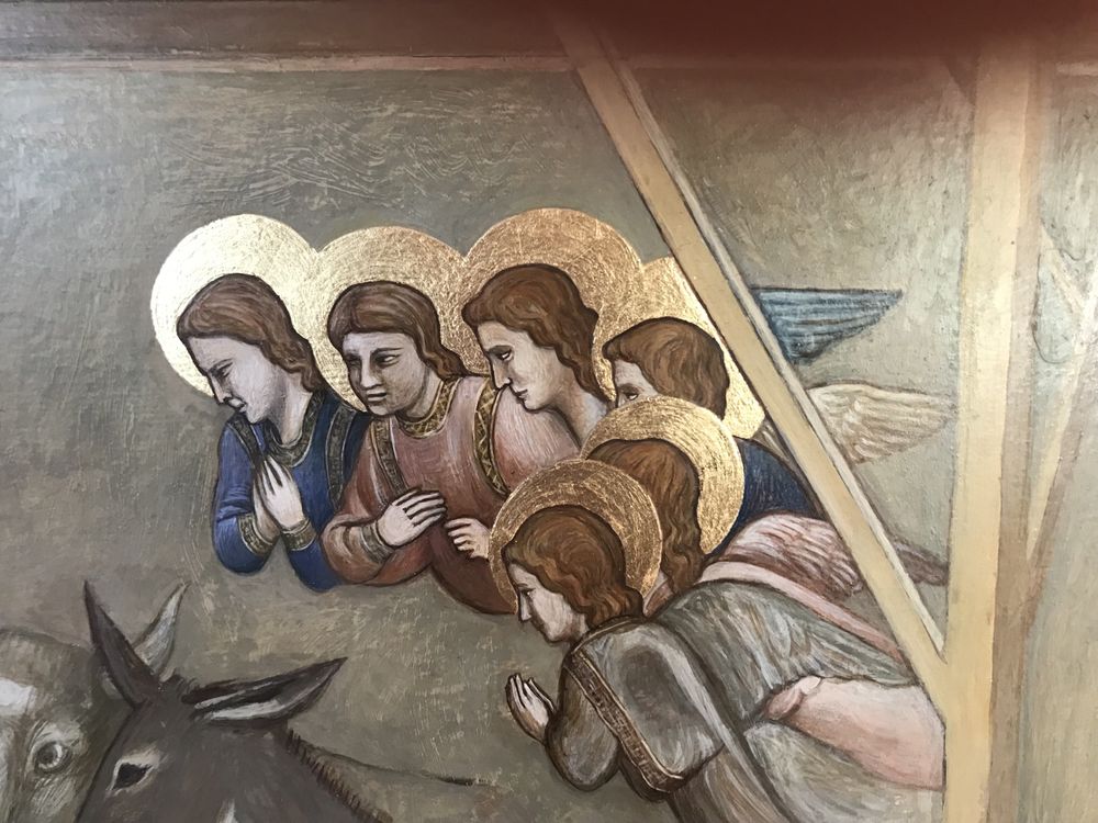 Boże narodzenie - obraz na desce.Transpozycja malarska fresku Giotto’a