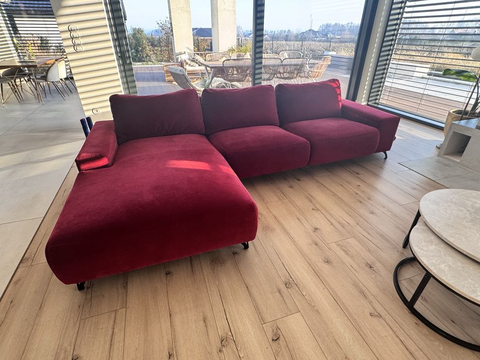 Sofa narożnik z szezlongiem welur bordowy/malinowy