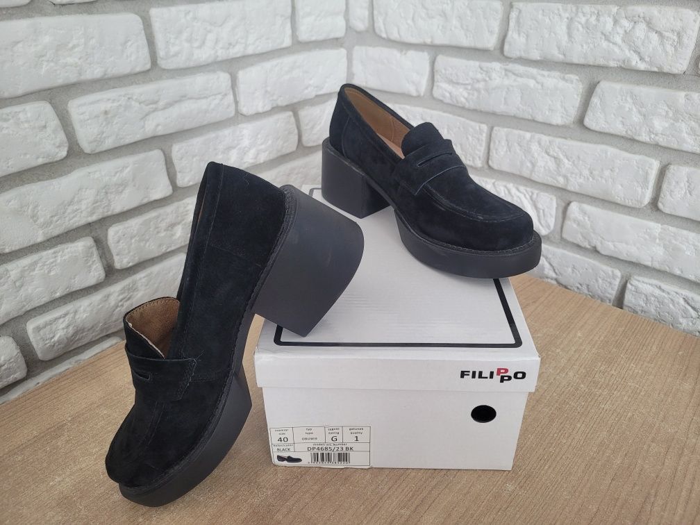 Buty mokasyny loafersy koturn skóra zamszowa filippo 40