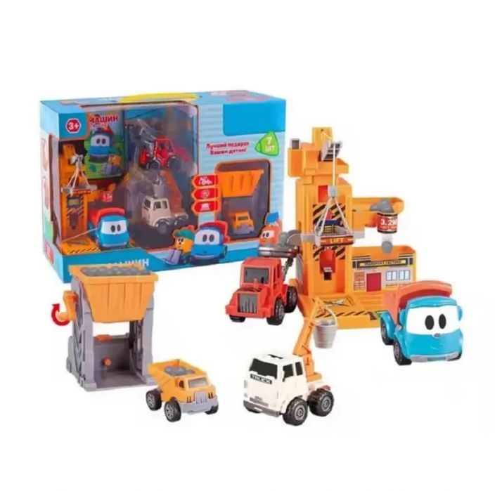 Ігровий набір Гараж Вантажівочка Льова та 7 машинок інерція , мех ліфт