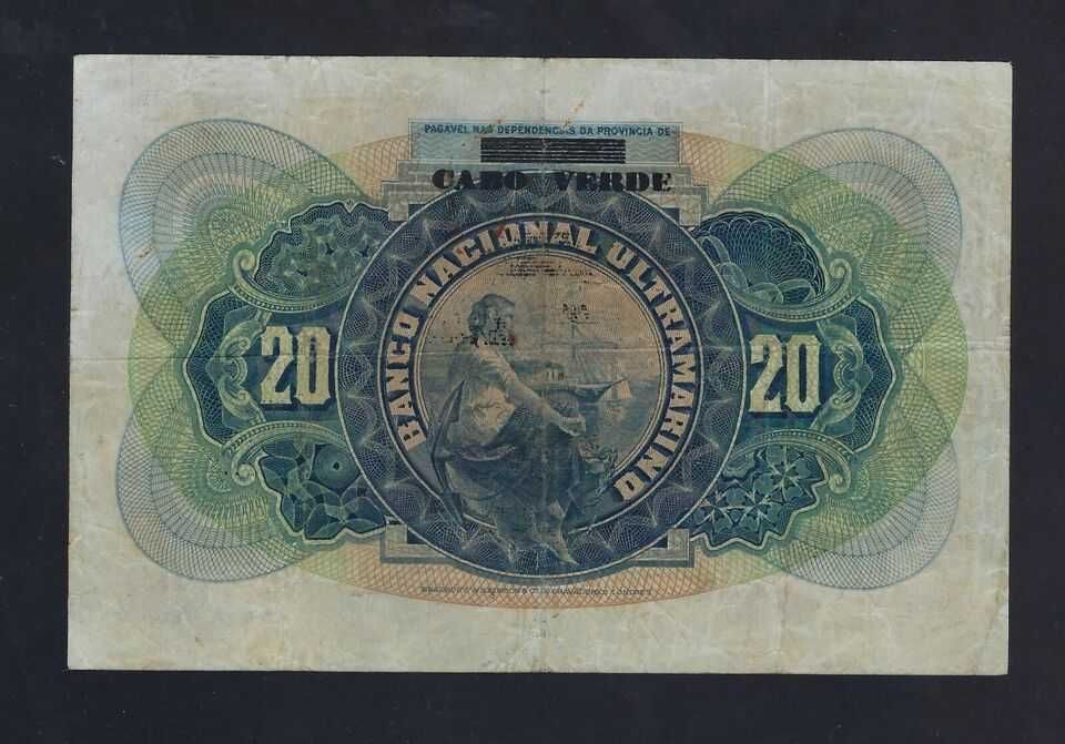 nota cabo verde 20 escudos 1921 bela , carimbo em nota da guine raro