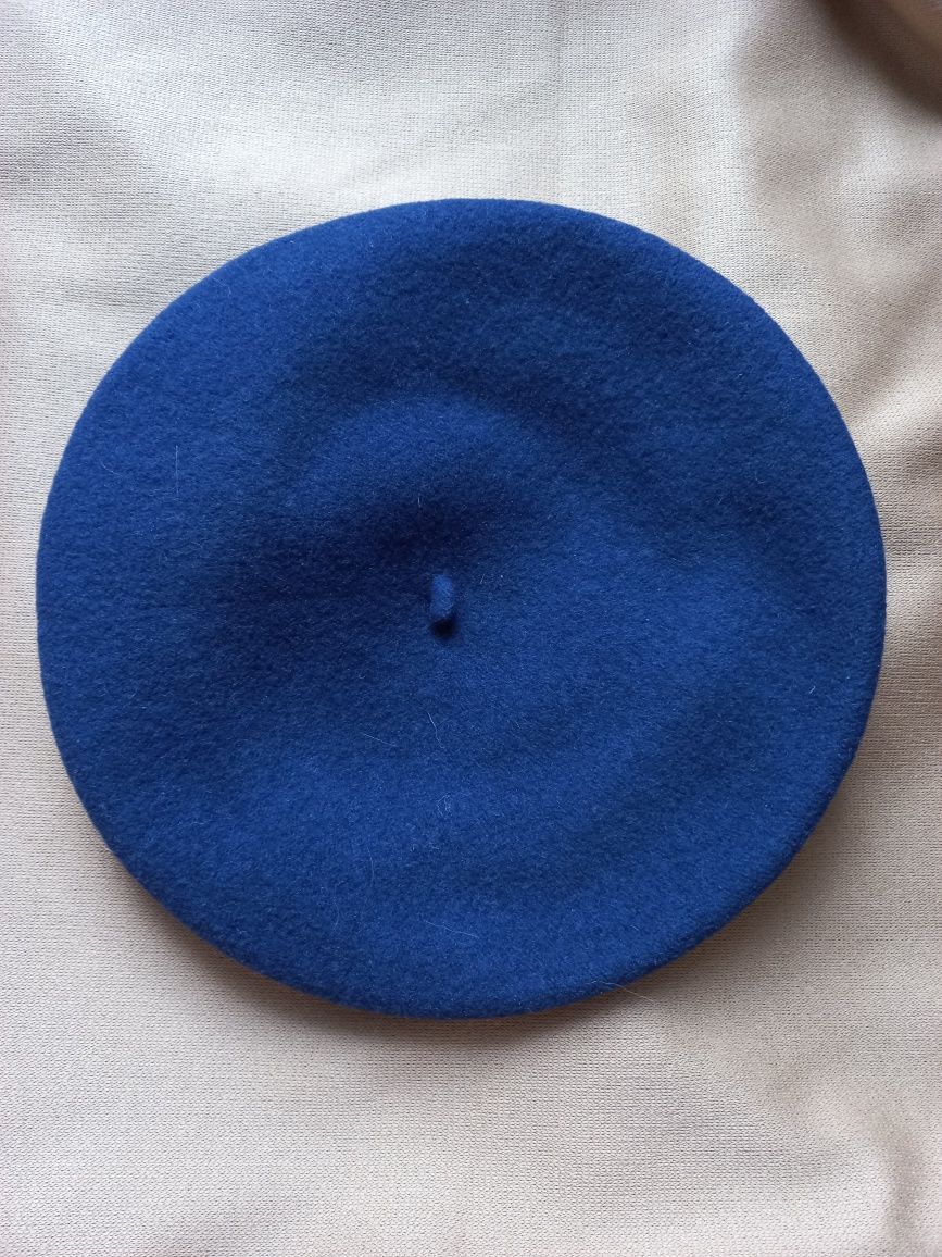 Niebieski granatowy ciepły beret Fezko vintage wełniany