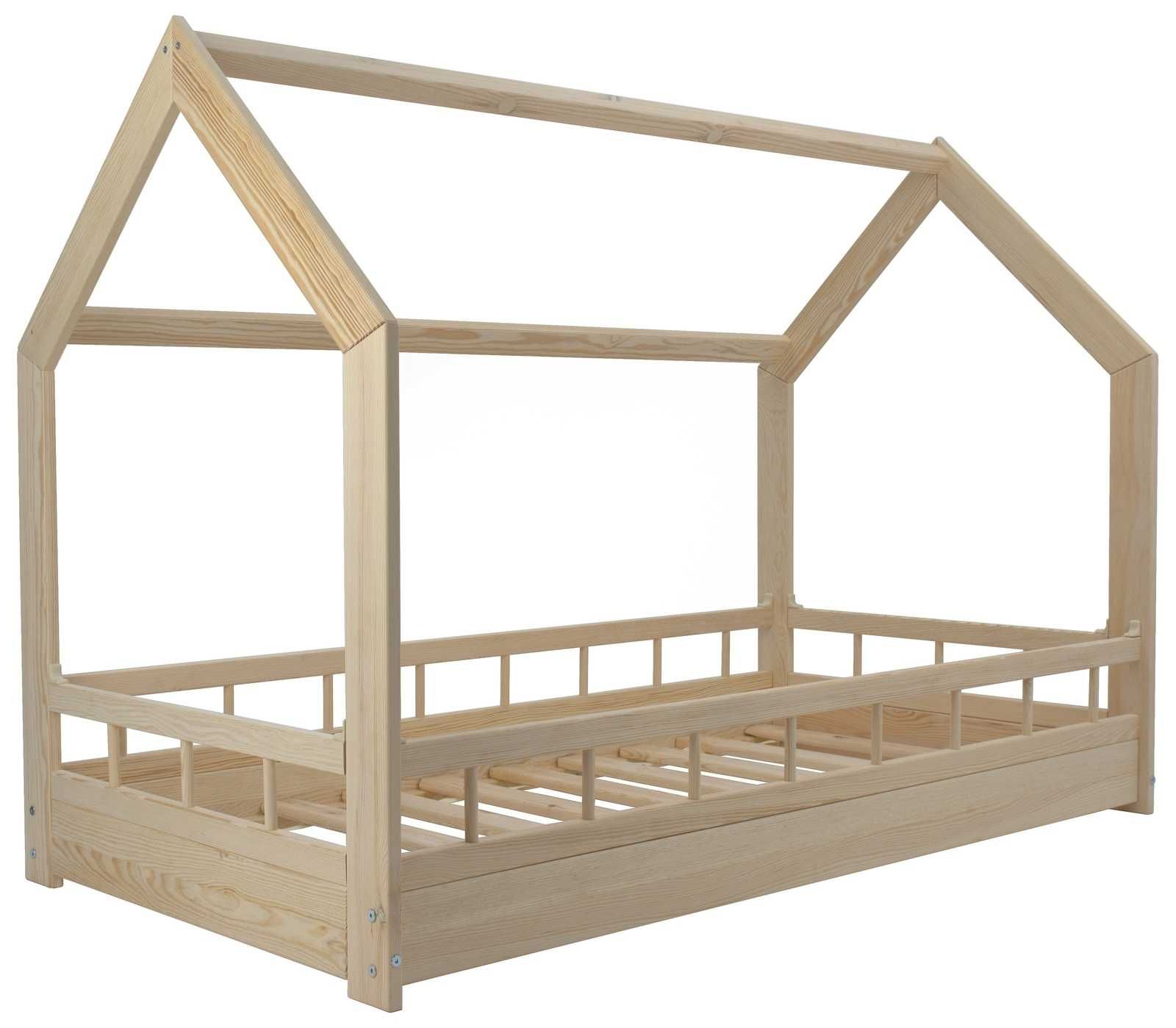 Łóżko dziecięce drewniane domek 80 x 160 cm + barierki, nielakierowane