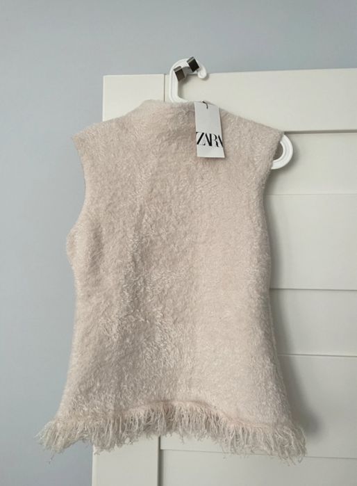 Zara Nowe Top Bluzka Bezrękawnik M Sweterek Pióra Frędzle