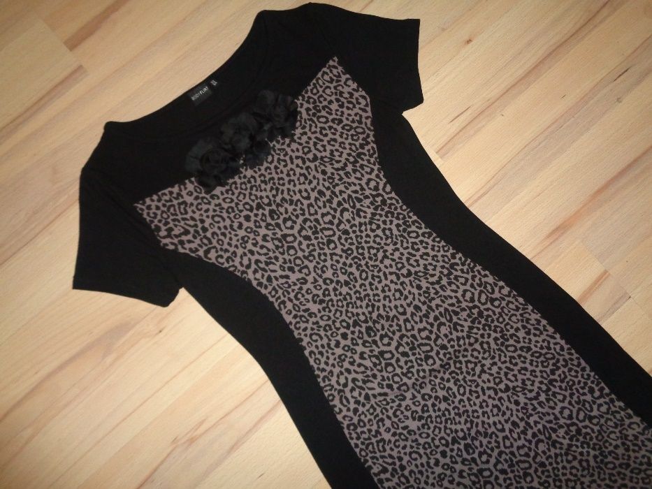 BODY FLIRT elegancka czarna brązowe centki cętki panterka sukienka XS