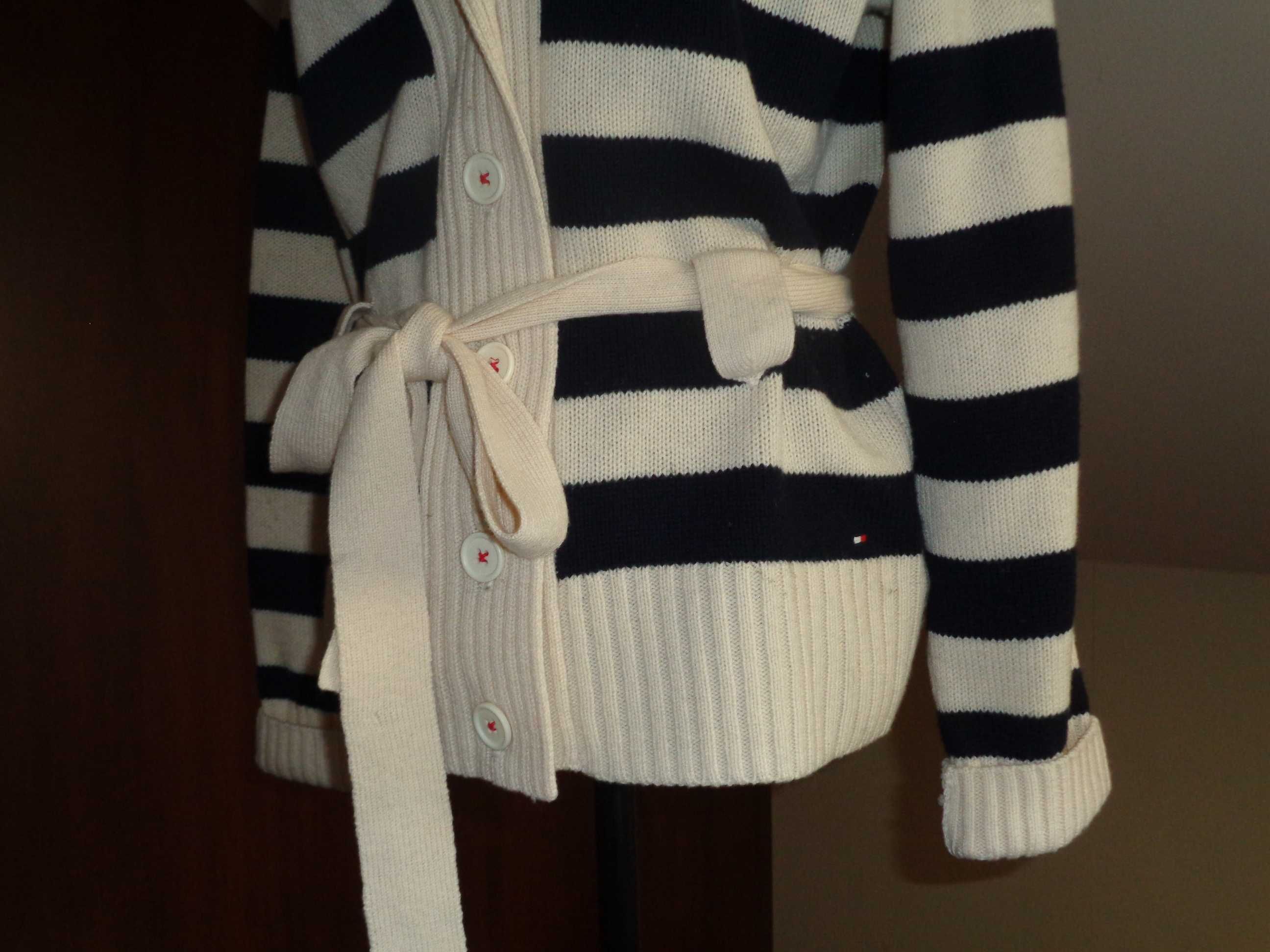 TOMMY HILFIGER ciepły gruby sweter w paski wiązany w pasie jak nowy L