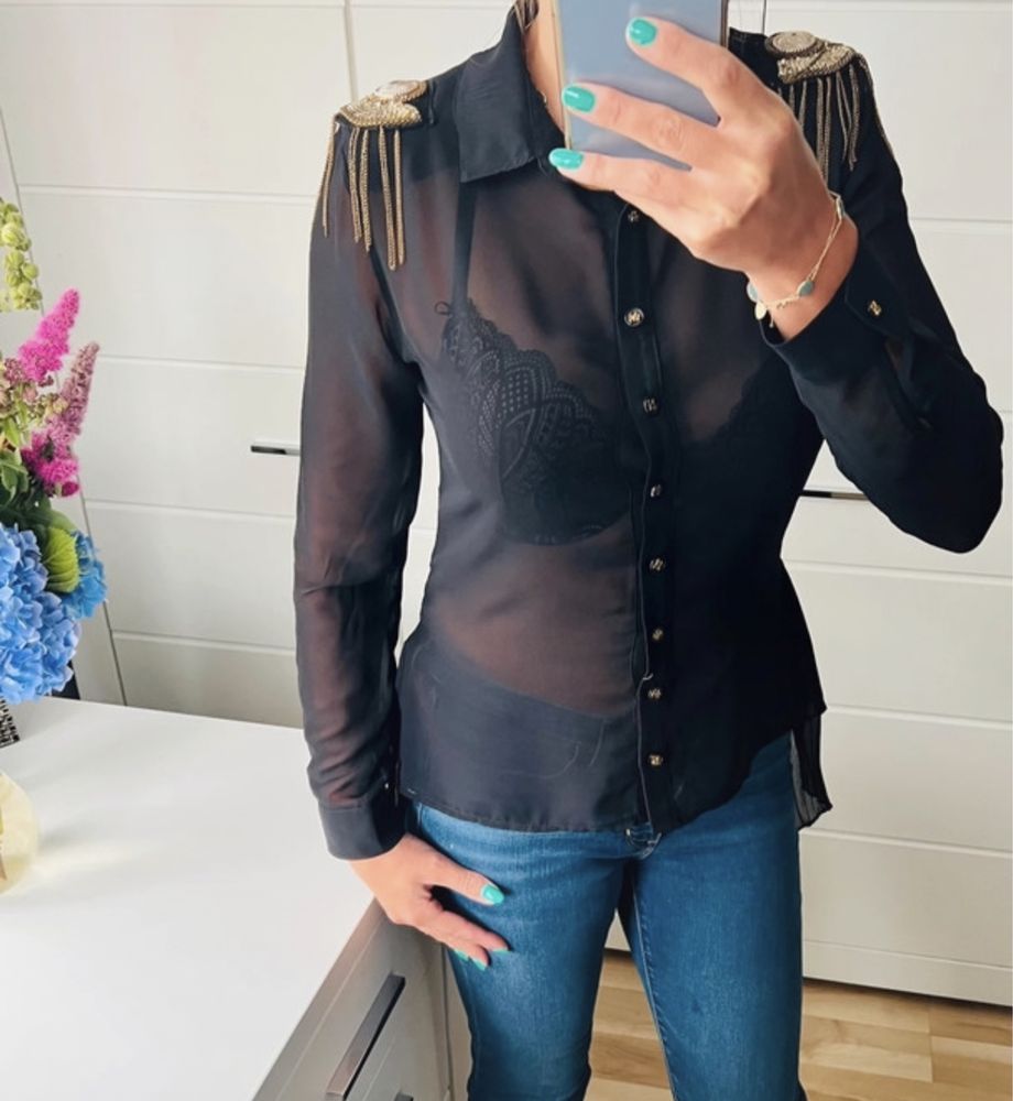 Carla Giannini Koszula Czarna Złote Pagony Bluzka s/m WŁOSKA