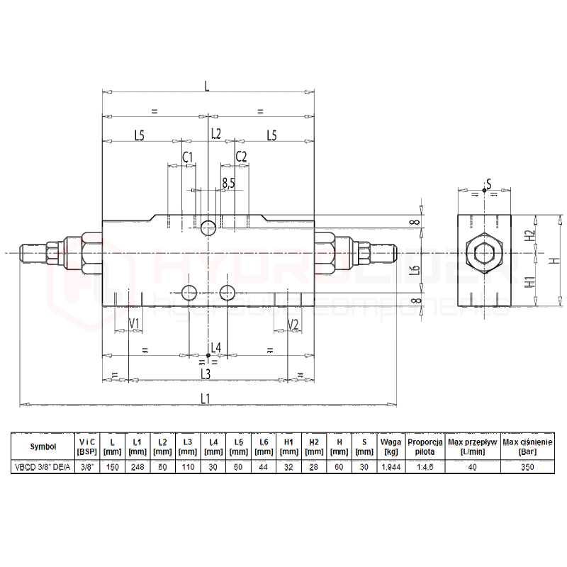 Zawór Overcenter pod VBCD 3/8 DE-A 40L. 350bar