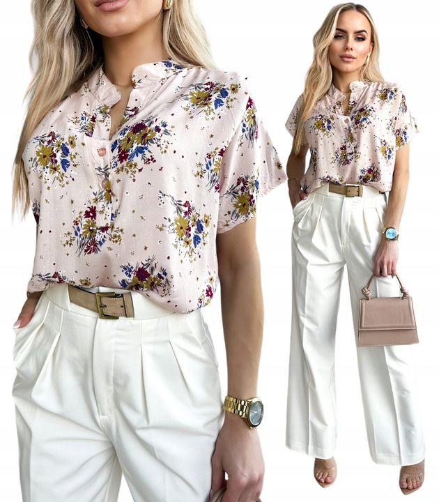 Elegancka Bluzka Damska Wygodna Bawełniana Modny Print Kwiaty Plus Siz