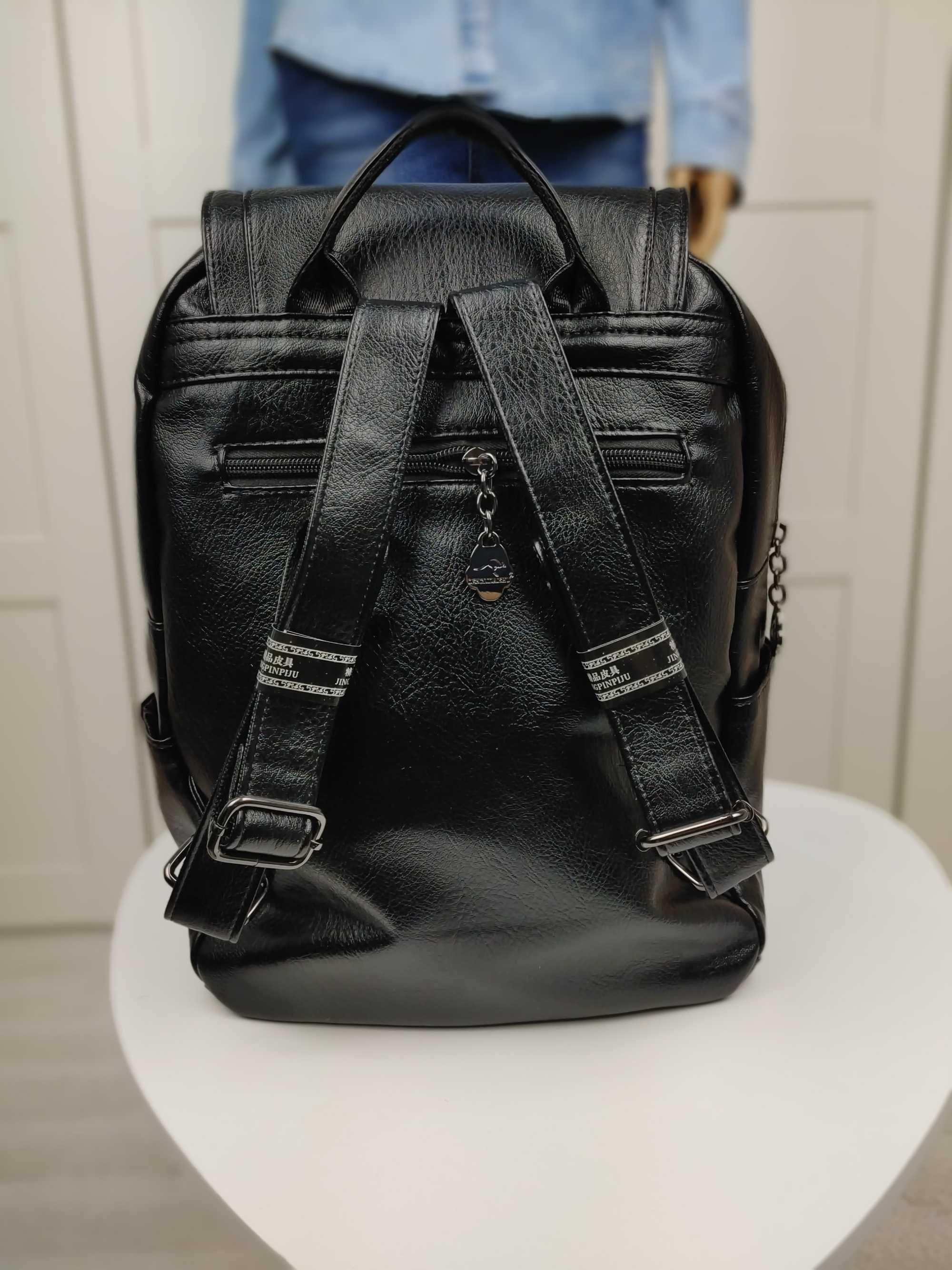 Czarny Skórzany Plecak XXL Vintage Torba Stylowa Elegancka na Wiosnę