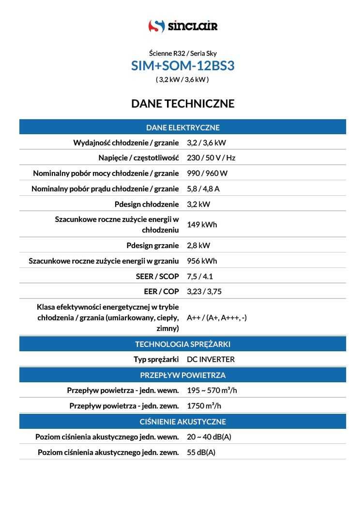 KLIMA Klimatyzator ścienny SINCLAIR SKY 3 3,2 kW WiFi OKAZJA Lato/Zima