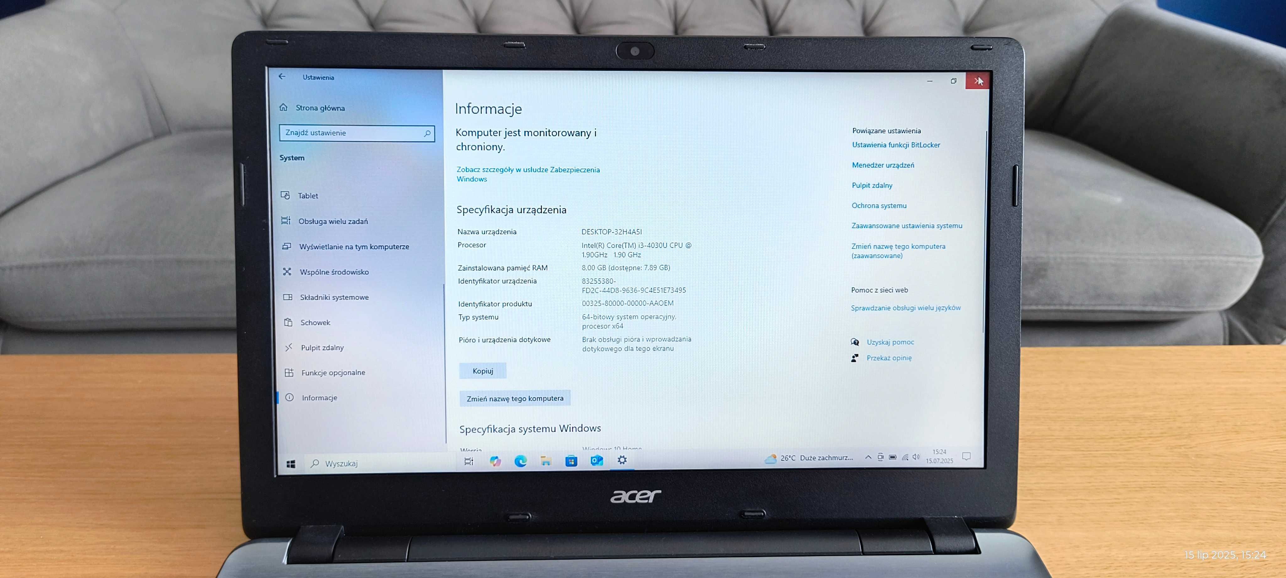 Laptop Acer E5-571 /cpu i3 / 8 GB ram / 128 Ssd.