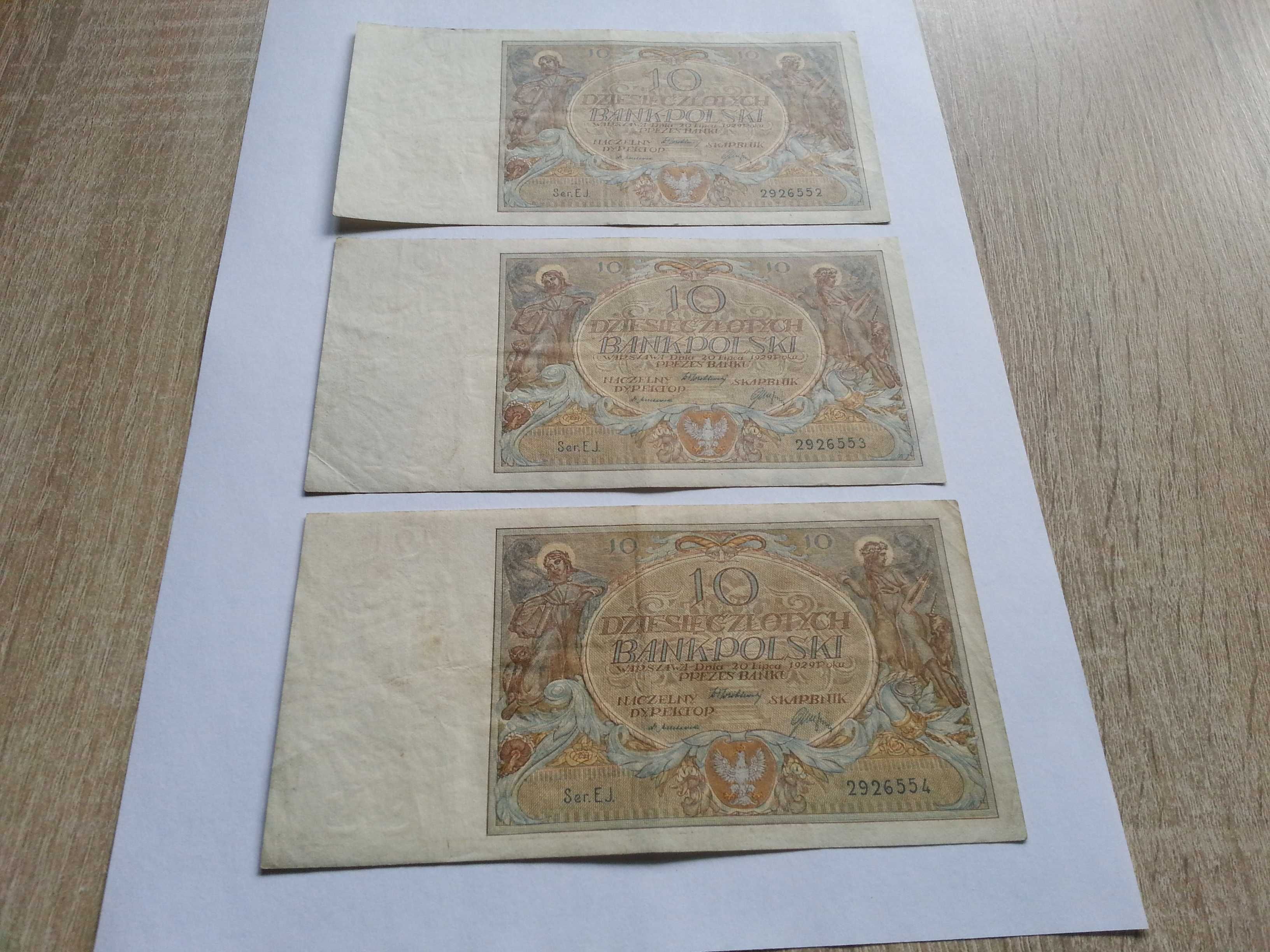 Przedwojenne polskie banknoty 3 x10 zł- 1929 r kolejne numery seryjne