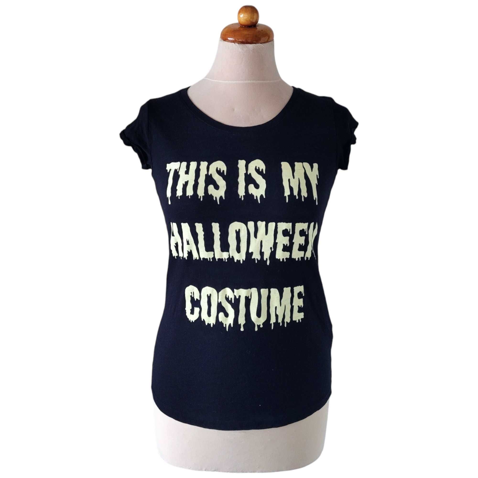 Czarny bawełniany t-shirt damski XS fluorescencyjny napis halloween