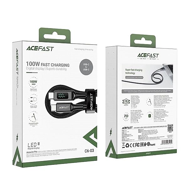 Kabel Acefast C6-03 Black USB-C - USB-C PD QC 100W 5A 480Mb/s 2m - cza