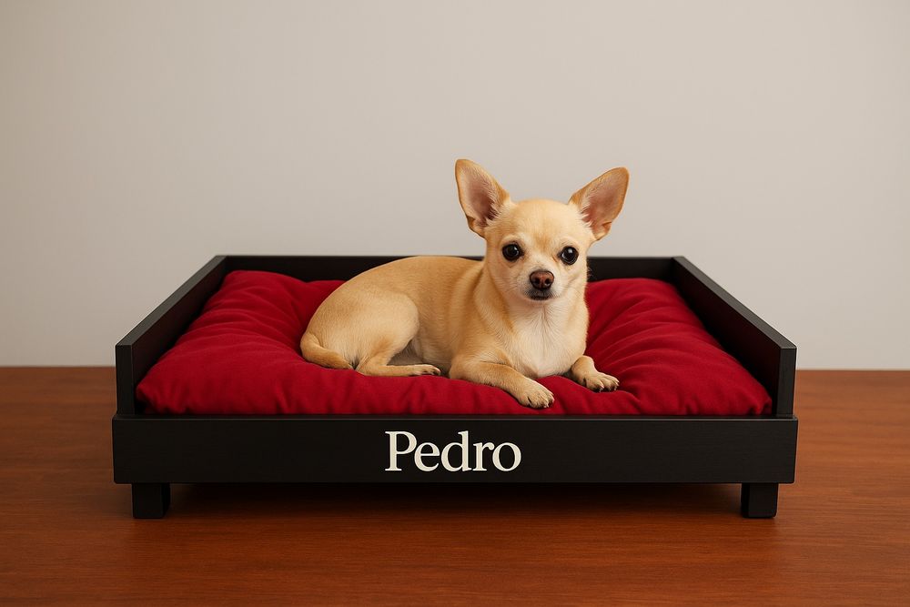 Drewniane legowisko dla psa z poduszką  i imieniem pupila
