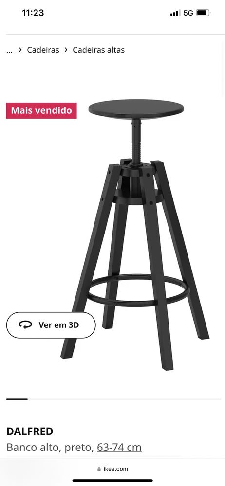 Vendo banco preto, Dalfred IKEA (altura regulável)