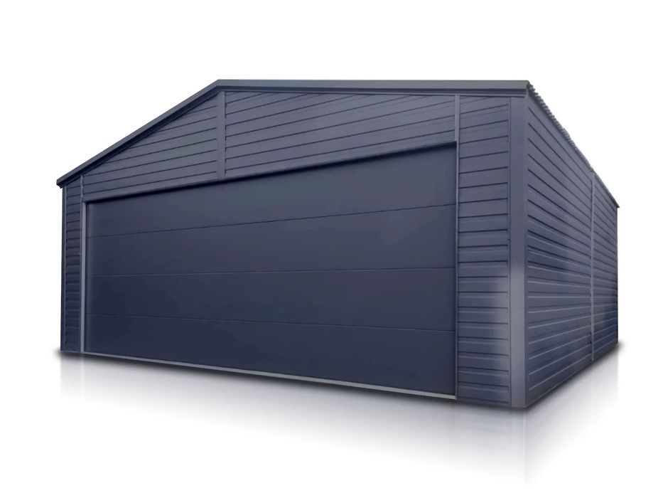 Garaż blaszany jednostanowiskowy 6x5.8 m - Dach dwuspadowy, Brama segm