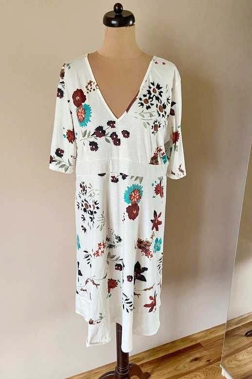 Xxl 44 42 biala sukienka floral modna midi 7/8 plus size +size