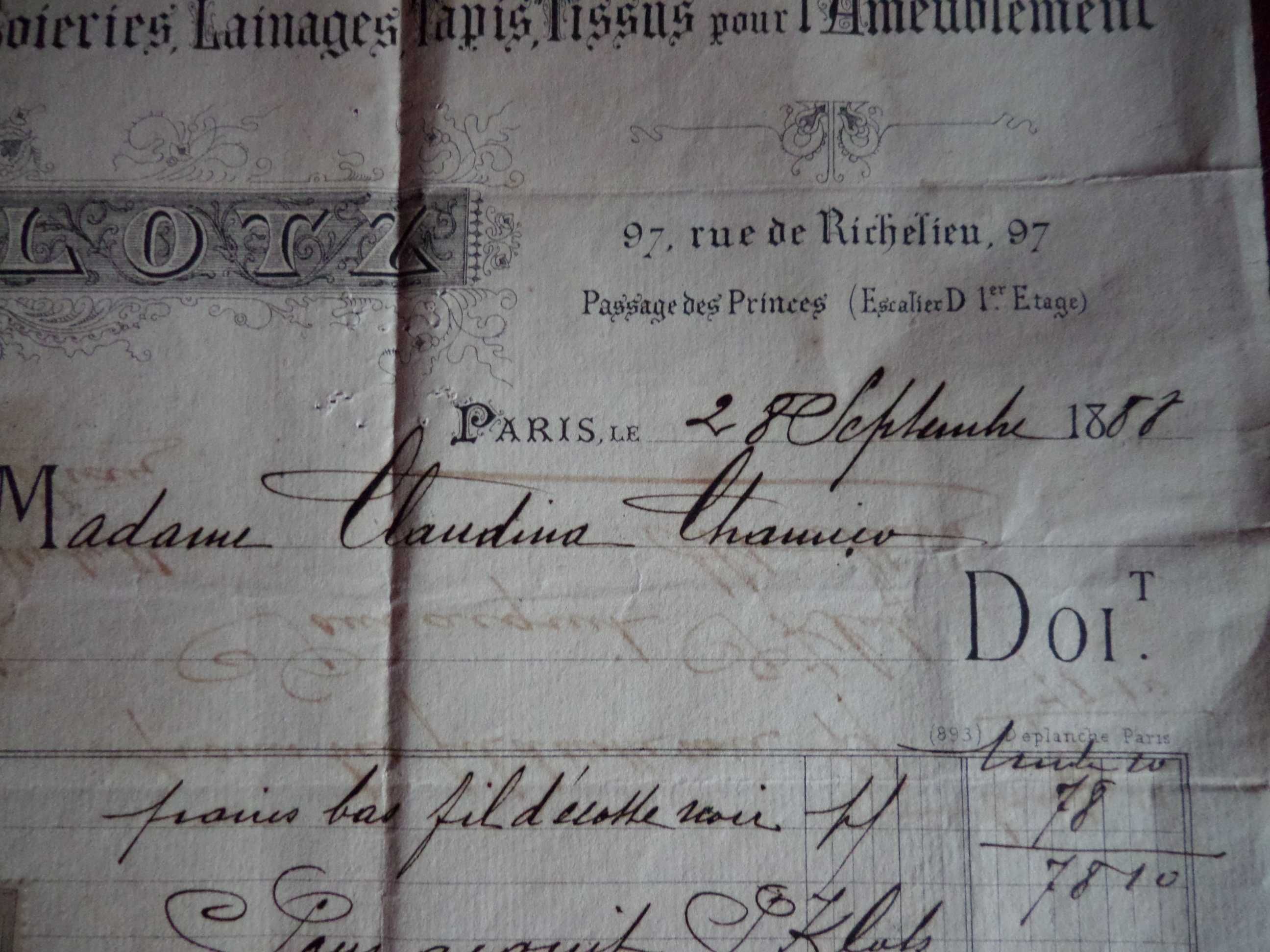 Documento: Recibo selado.  França 1888