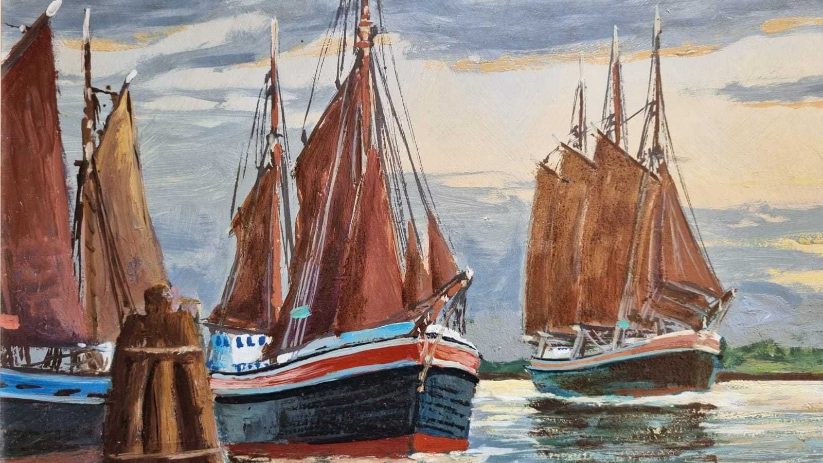 Łodzie w porcie, miniatura, Wilhelm Hoffmann ur. 1897 - zm. 1986