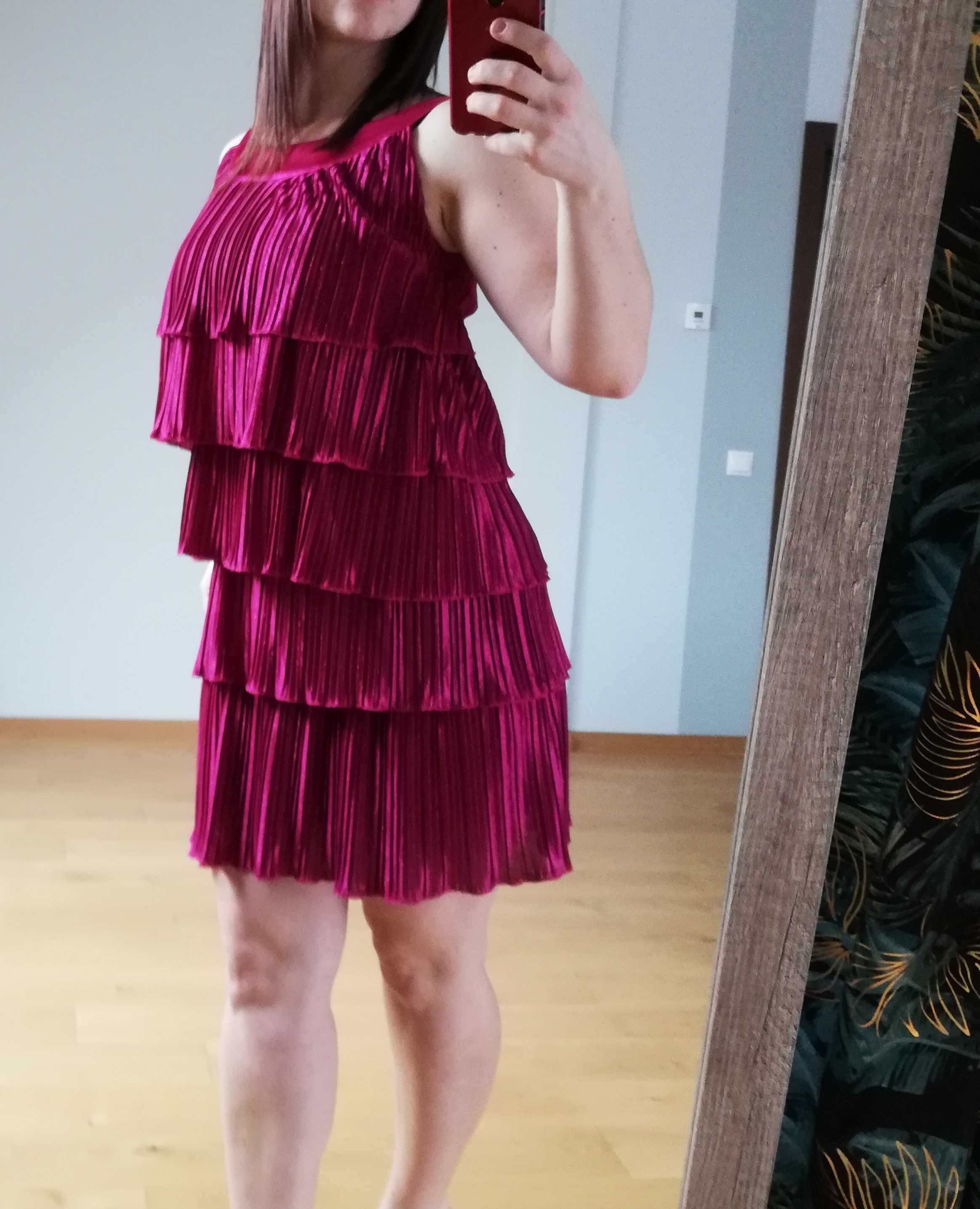 Sukienka 38 M kolor fuksja różowa fioletowa wesele elegancka falbany