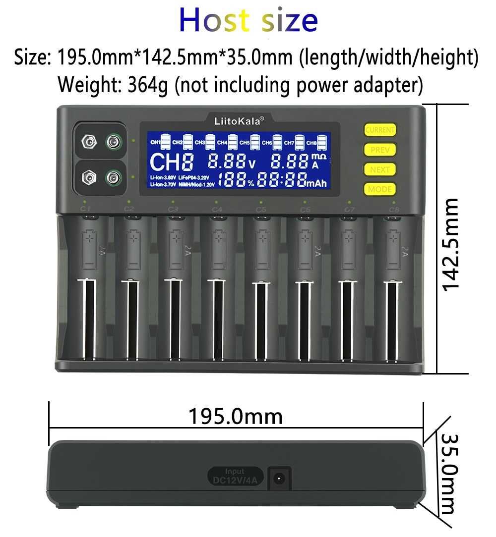 Carregador de pilhas/baterias LiitoKala LII-S8 com 8 slots  NOVO