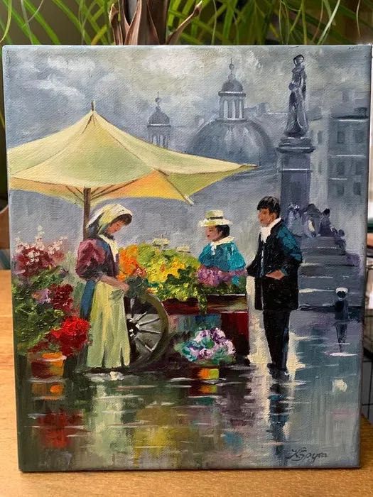 Obraz olejny ręcznie malowany na płótnie Kobieta sprzedająca kwiaty