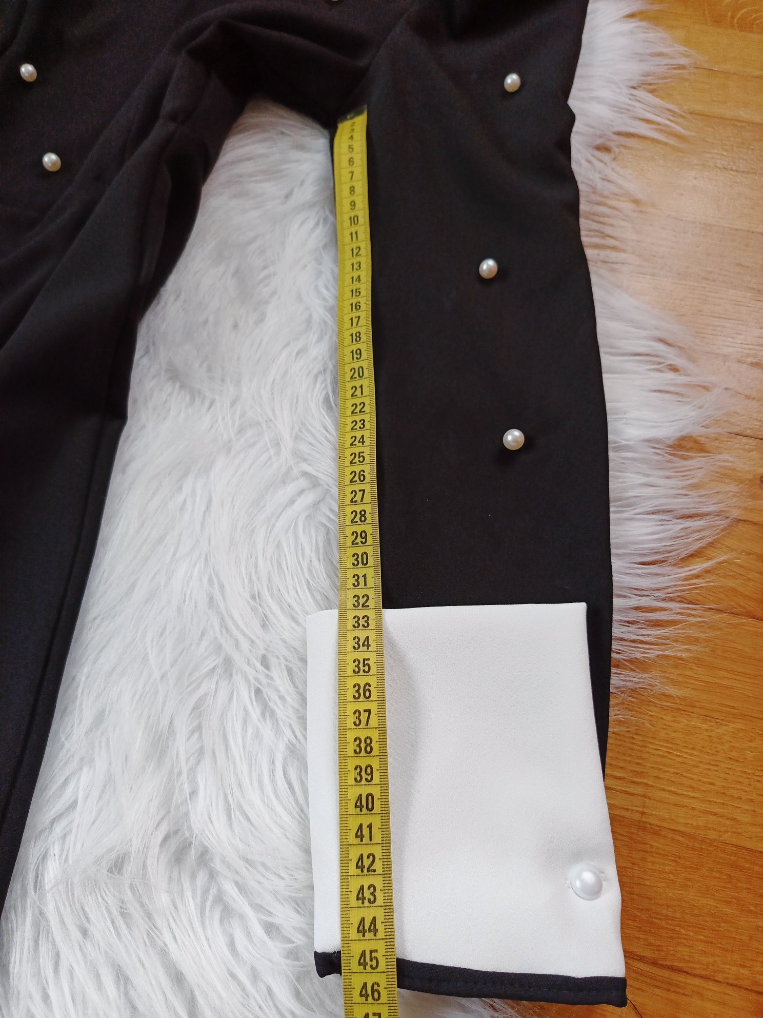 Sukienka, Etika, M/36, czarna, białe mankiety, perełki, 95% bawełna, n