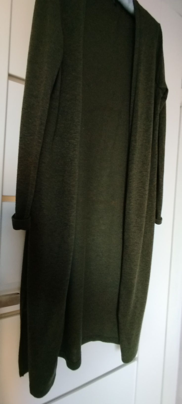 Długa narzutka khaki, zielona, 115 cm, kardigan 42,