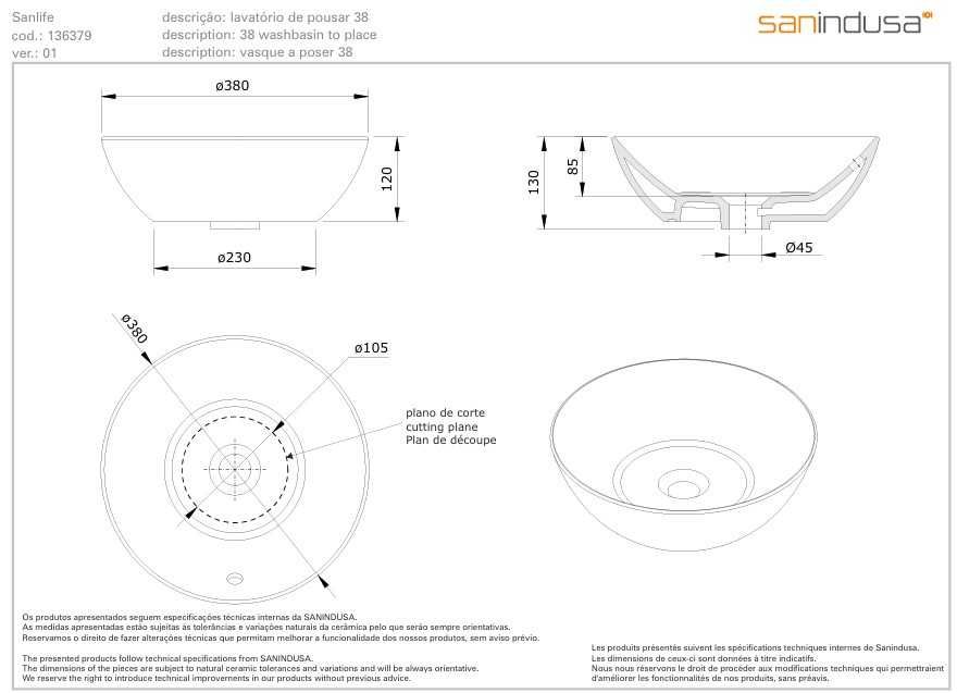 Lavatorio de Pousar Redondo Cerâmico SANINDUSA Sanlife D38 – Novo